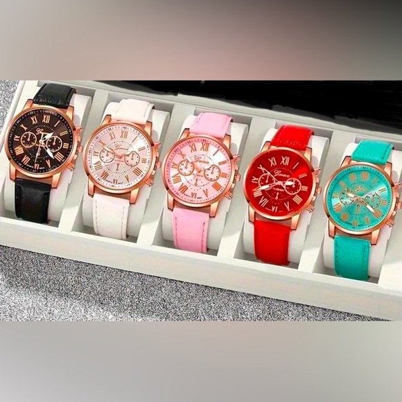 5 Quartz Watches: Black, White, Pink, Red, and Teal, NIP - Picture 1 of 4